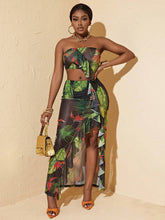 Women's Tropical Plant Print Splice Ruffle Hem Strapless Top And Mermaid Skirt Set